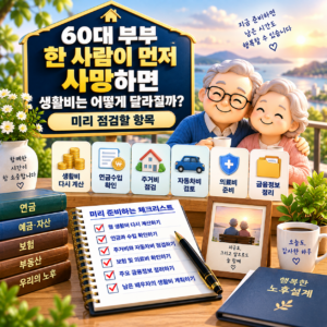 60대 부부 한 사람이 먼저 사망하면 생활비는 어떻게 달라질까? 미리 점검할 항목 4 ChatGPT Image 2026년 9월 21일 오후 08 40 13
